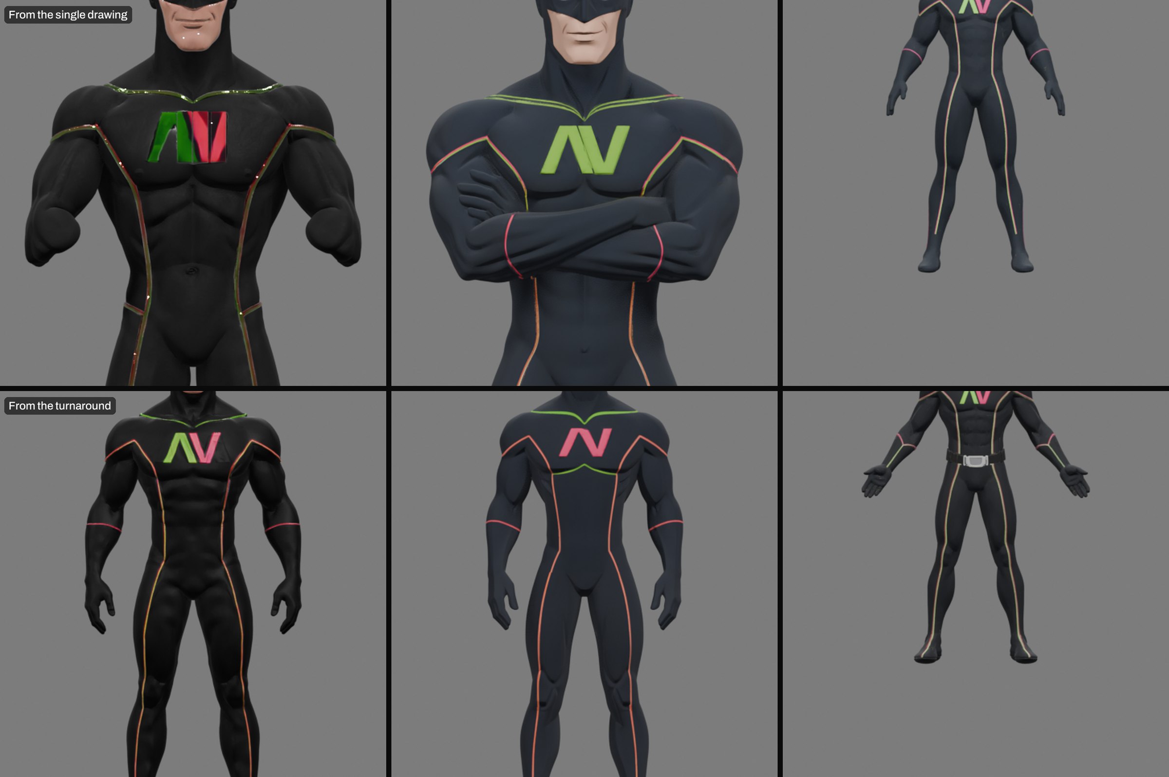 Top row, from the single drawing; bottom row, from the turnaround. Columns, left to right: Rodin v2.5, Hunyuan 3D v3.1 Pro, Meshy 7.1. Top: Rodin and Hunyuan stop at the thigh with the arms fused across the chest; Meshy invents legs and a standing pose and loses the likeness. Bottom: all three stand in A-pose. Rodin and Hunyuan keep the piping and chest emblem; Meshy adds a belt and back markings that are not in the references.