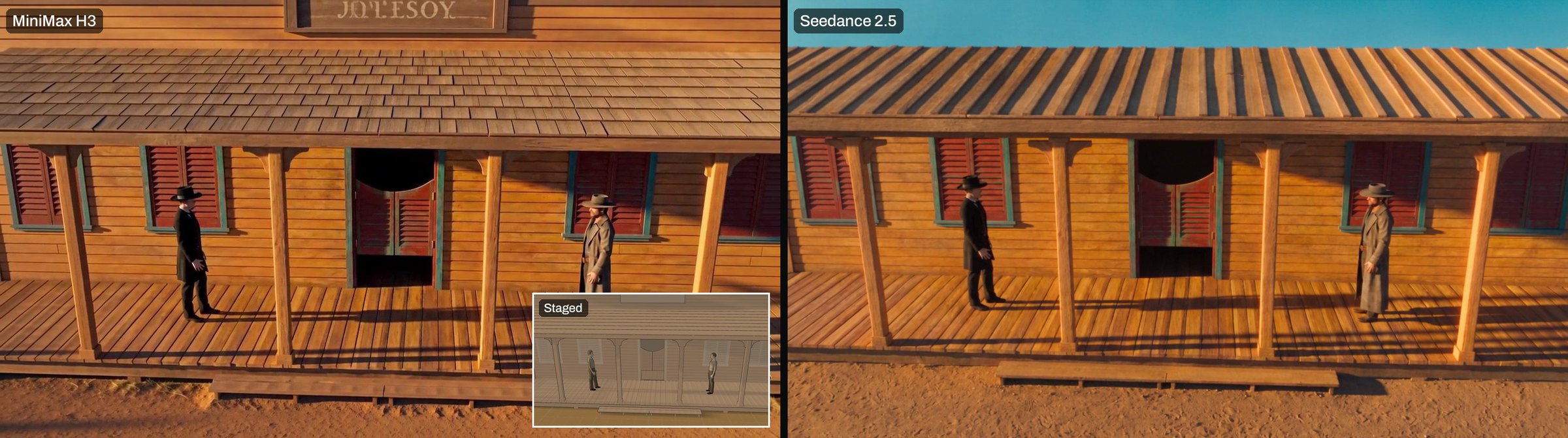 Crane, final frame. Left, MiniMax H3; right, Seedance 2.5; inset, the staged frame both were given. The camera height and the two figures match the blockout on both. MiniMax added a sign with illegible lettering; Seedance replaced the roof with open slats and sky.