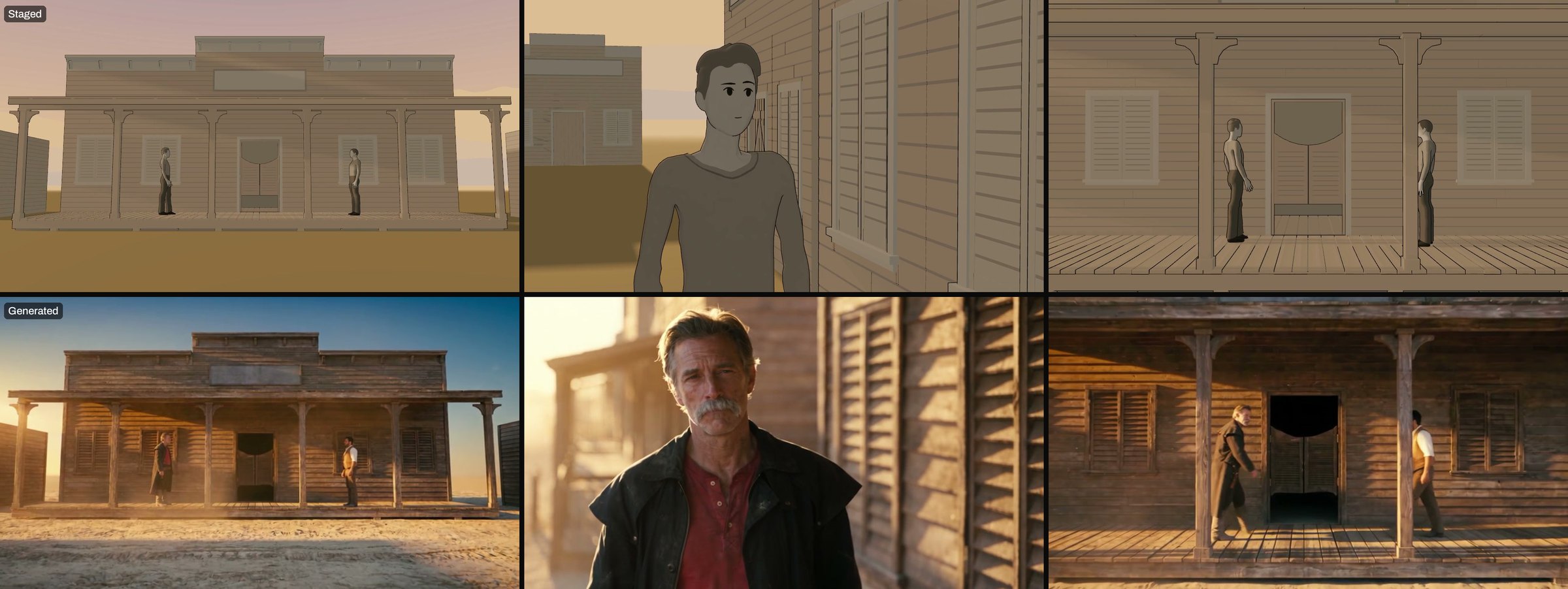 Three of the six saloon shots, staged (top) and generated (bottom): the opening wide, Silas’s close-up and the closing porch wide. Sides and eyelines hold. The generated wide is tighter than staged, the light warmer, and Silas reads older than the scripted late forties.