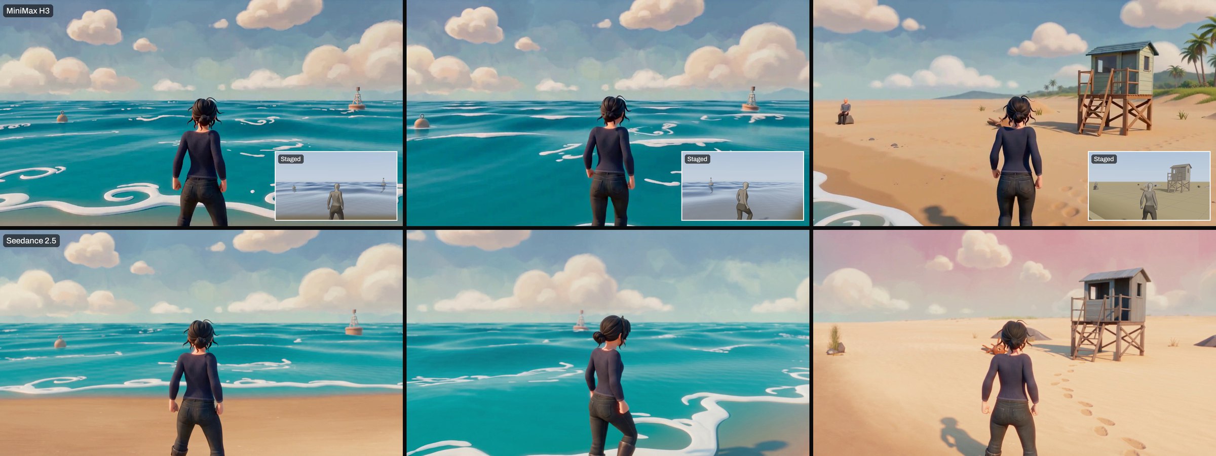 Follow, start to finish. Top, MiniMax H3; bottom, Seedance 2.5. Both end at the lifeguard hut. Check the last frame against its inset: MiniMax has travelled further up the beach and added a seated figure and palms; Seedance ends nearer the staged distance, with footprints in the sand.