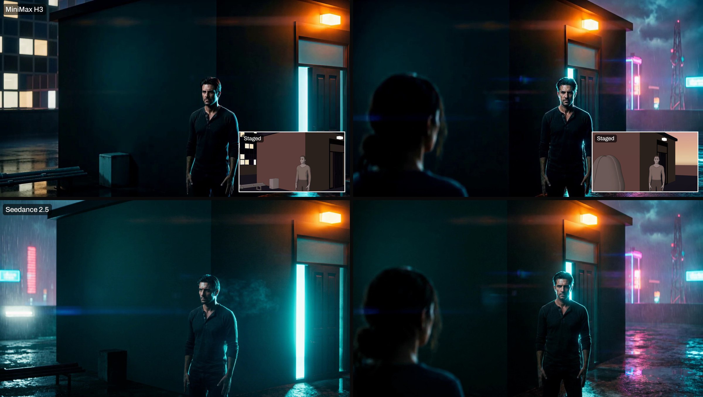 Orbit, first and last frame. Top, MiniMax H3; bottom, Seedance 2.5. The arc ends over the woman’s shoulder on both, with the man at the same spot of the door frame. The difference is the treatment: darker on MiniMax, neon, rain and wet ground on Seedance.