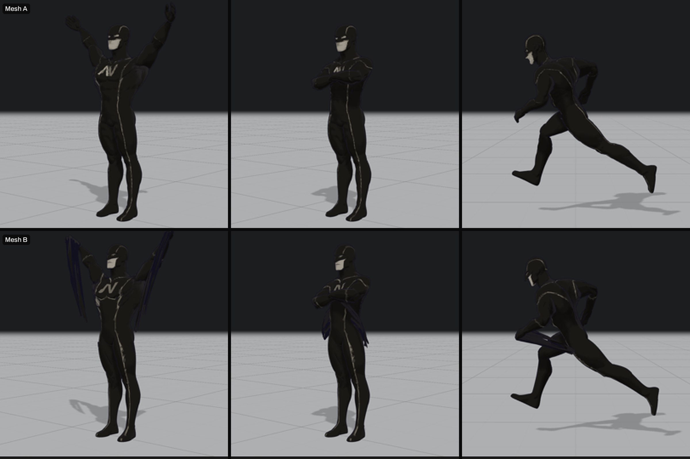 Arms raised, arms crossed and running on the Stage bench. Mesh A is Rodin v2.5: no visible deformation in any of the three. Mesh B is Hunyuan 3D v3.1 Pro: geometry stretches from the arms to the torso when the arms rise, at the hands when they cross, and between the legs in the run. Standing still, the two look the same.