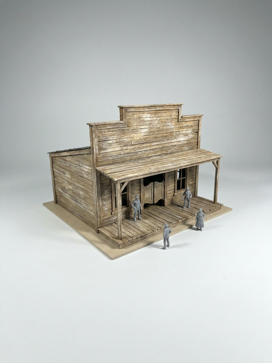 A tabletop set model of the saloon porch with scale figures