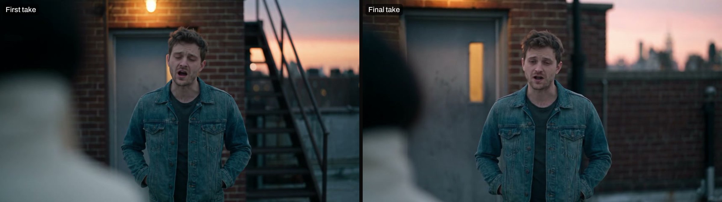 The rooftop at eight seconds, first take and final take. The first take drew a handrailed staircase the brief forbids; the final take has none, and the door and skyline changed with it. The planned cut positions were the same in both takes.