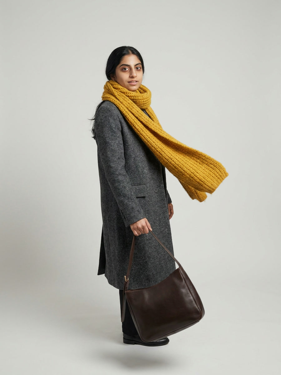 Newcomer mid-turn with a shoulder bag, on grey seamless