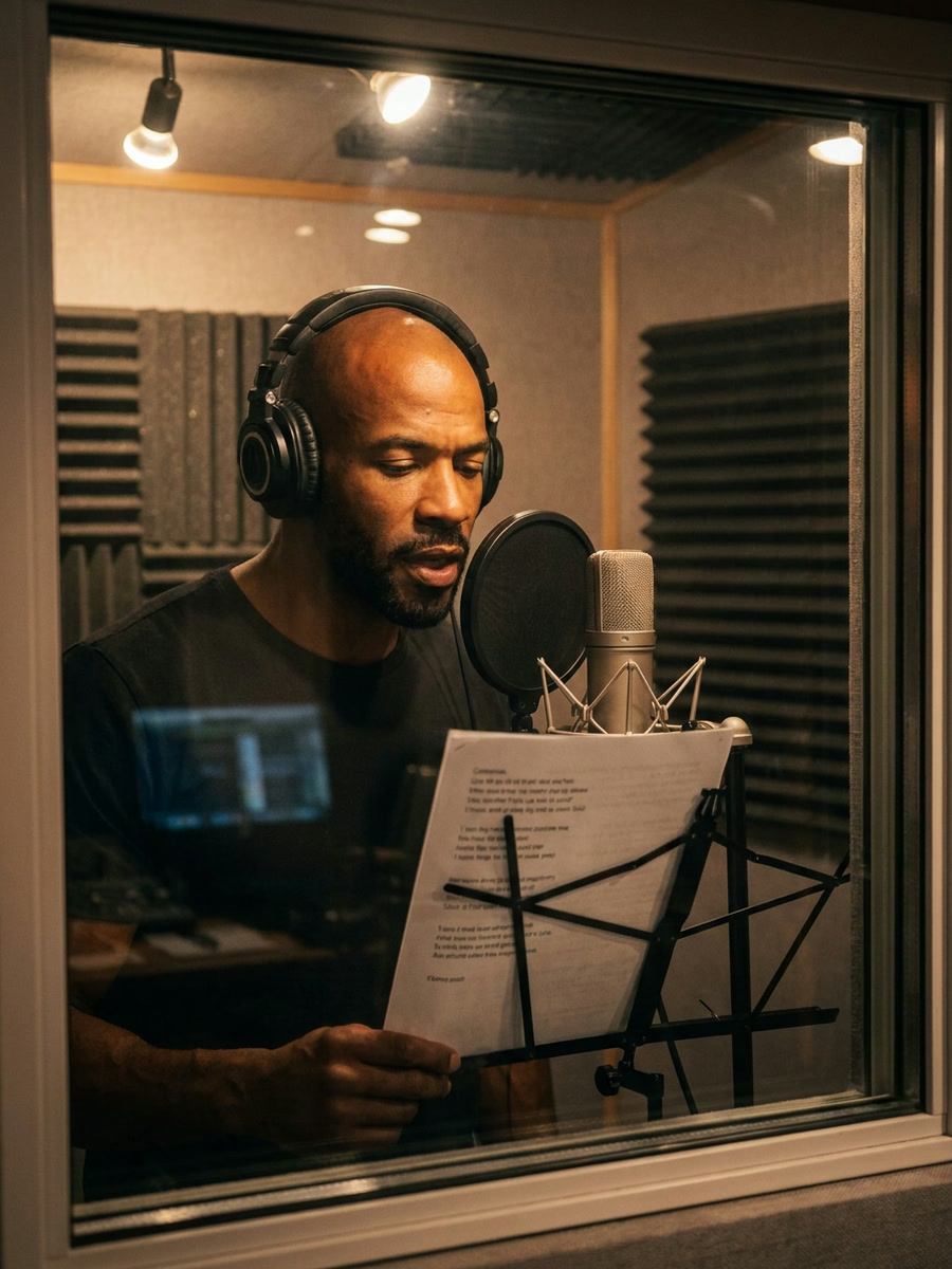 The Runner in a vocal booth, headphones on, reading a line into the microphone