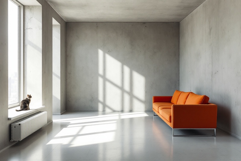 One orange sofa in a concrete flat., made with Flux 1.1 Pro